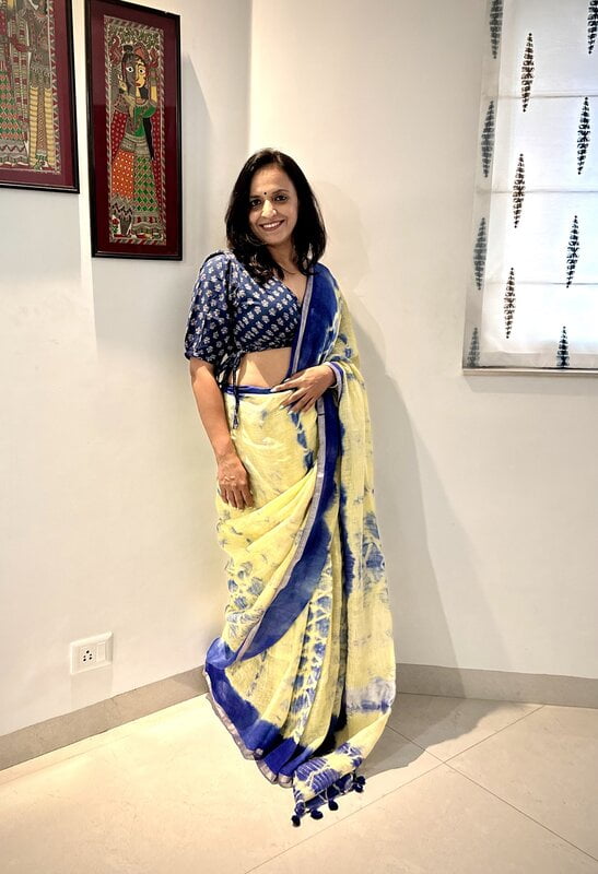 PURE LINEN SHIBORI DYED SAREE-YELLOW & BLUE PURE LINEN SHIBORI DYED SAREE-YELLOW & BLUE