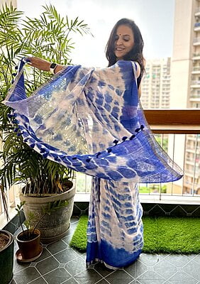 PURE LINEN SHIBORI DYED SAREE-PINK & BLUE