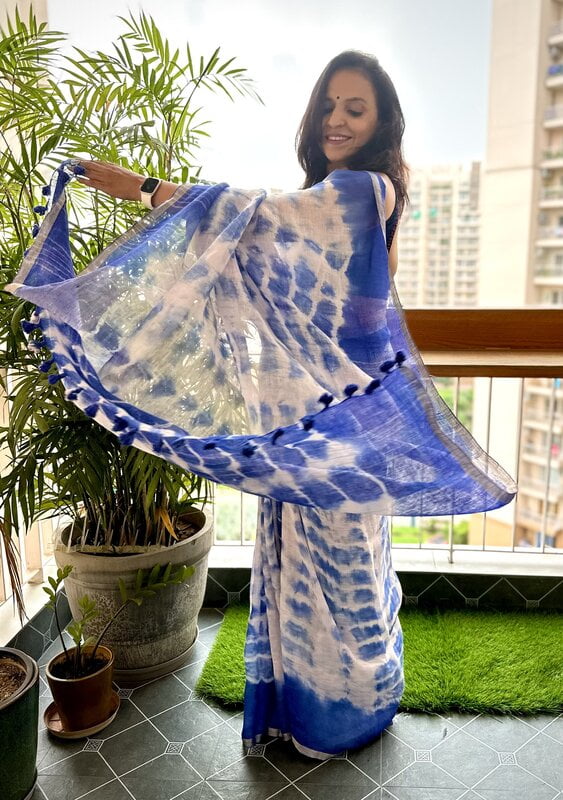 PURE LINEN SHIBORI DYED SAREE-PINK & BLUE PURE LINEN SHIBORI DYED SAREE-PINK & BLUE