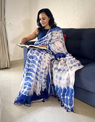 PURE LINEN SHIBORI DYED SAREE-PINK & BLUE PURE LINEN SHIBORI DYED SAREE-PINK & BLUE