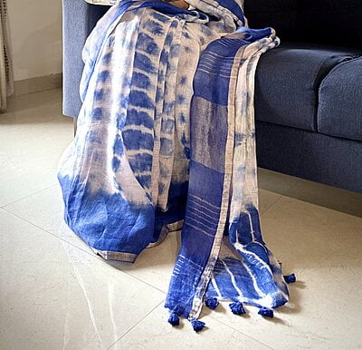 PURE LINEN SHIBORI DYED SAREE-PINK & BLUE PURE LINEN SHIBORI DYED SAREE-PINK & BLUE