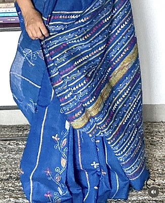 Blue Hand Embroidered Cotton Kantha Saree