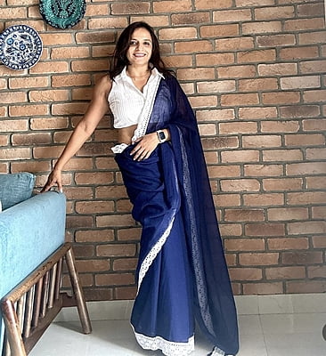 Navy Blue Mulmul Saree with Crochete Border