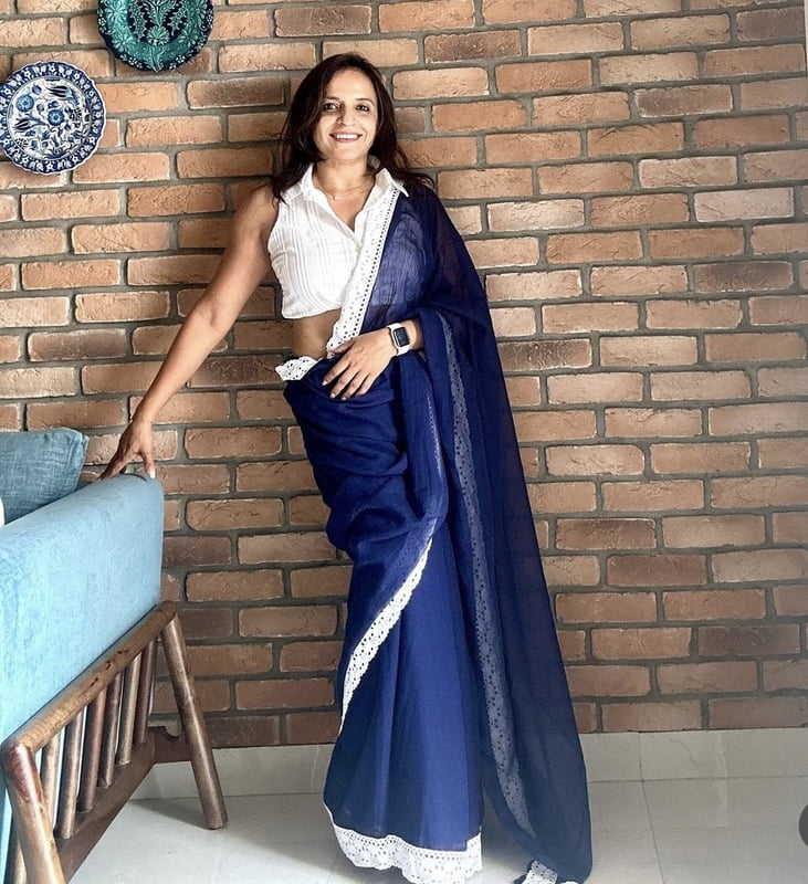 Navy Blue Mulmul Saree with Crochete Border