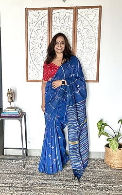 Blue Hand Embroidered Cotton Kantha Saree