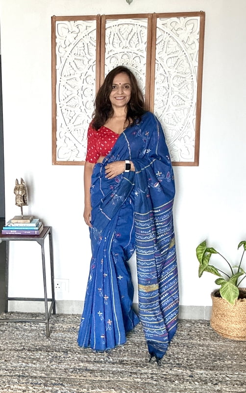 Blue Hand Embroidered Cotton Kantha Saree