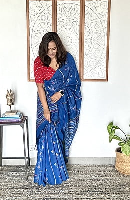 Blue Hand Embroidered Cotton Kantha Saree
