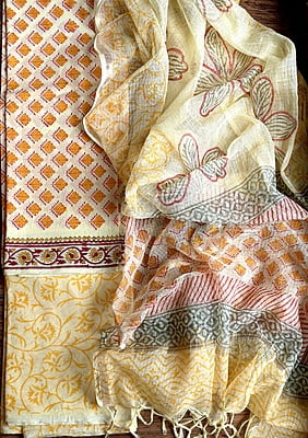 LEMON YELLOW & MUSTARD COTTON HANDBLOCK PRINT KOTA DUPATTA SET