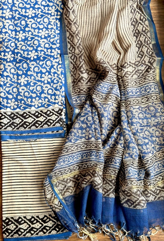BLUE & CREAM COTTON HAND BLOCK PRINT KOTA DUPATTA SET BLUE & CREAM COTTON HAND BLOCK PRINT KOTA DUPATTA SET