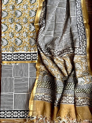 MUSTARD & BLACK COTTON HANDBLOCK PRINT KOTA DUPATTA SET