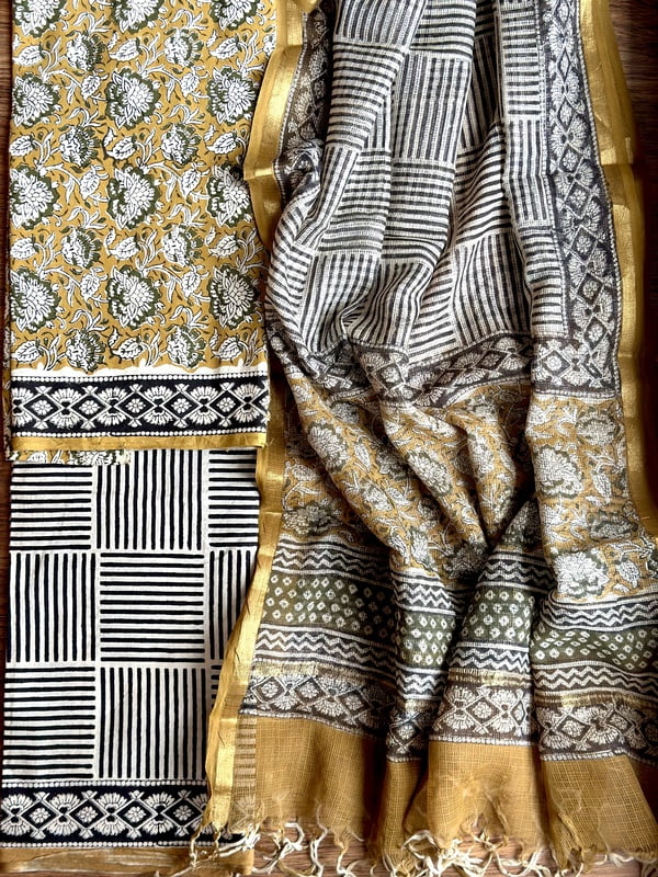MUSTARD & BLACK COTTON HANDBLOCK PRINT KOTA DUPATTA SET MUSTARD & BLACK COTTON HANDBLOCK PRINT KOTA DUPATTA SET