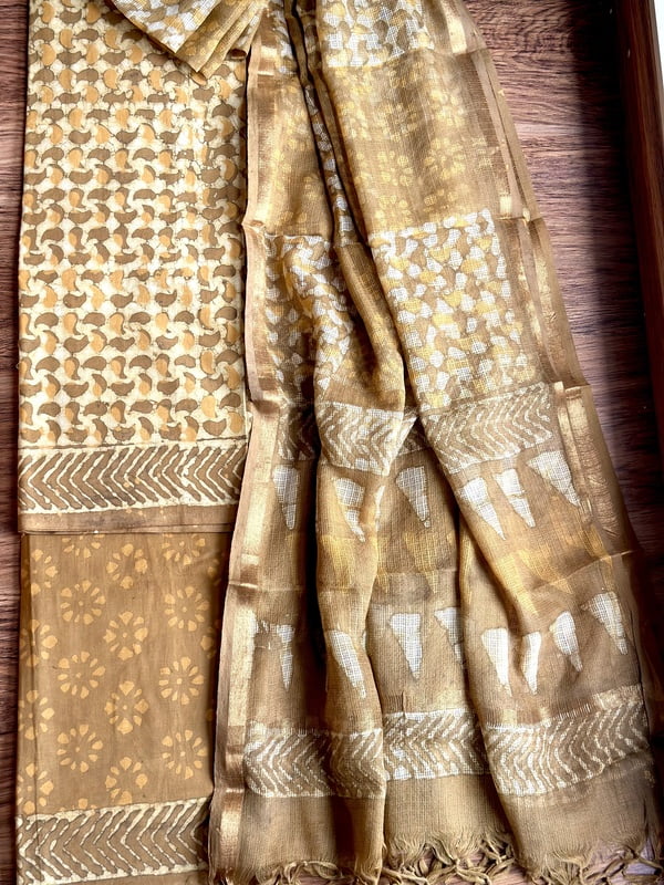 YELLOWISH BROWN COTTON HAND BLOCK PRINT KOTA DUPATTA SET
