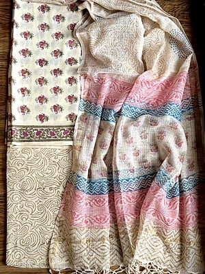 OFF WHITE & PINK COTTON HANDBLOCK PRINT KOTA DUPATTA SET