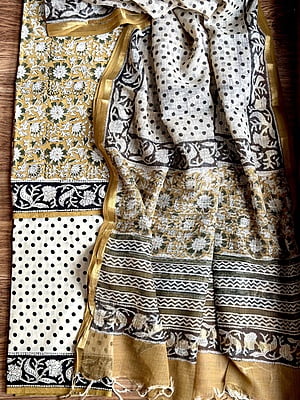 MUSTARD YELLOW & CREAM COTTON HAND BLOCK PRINT KOTA DUPATTA SET