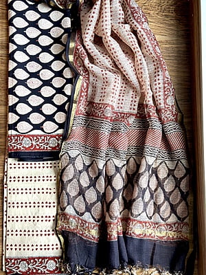 BLACK & BEIGE COTTON HAND BLOCK PRINT KOTA DUPATTA SET