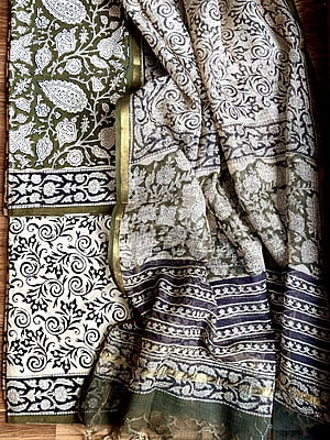 MEHENDI GREEN & BEIGE COTTON HAND BLOCK PRINT KOTA DUPATTA SET