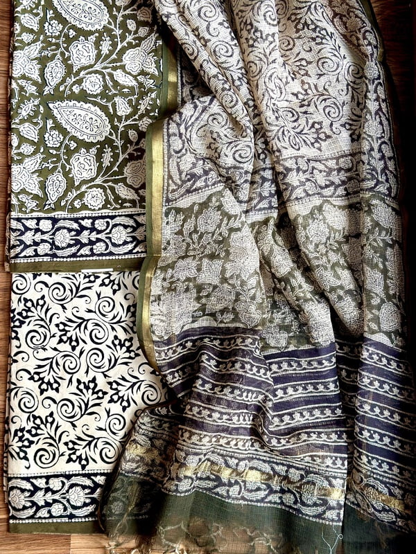 MEHENDI GREEN & BEIGE COTTON HAND BLOCK PRINT KOTA DUPATTA SET MEHENDI GREEN & BEIGE COTTON HAND BLOCK PRINT KOTA DUPATTA SET