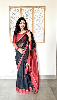 BLACK AND RED COTTON SILK SAREE WITH SEQUINS WOVEN ALL OVER