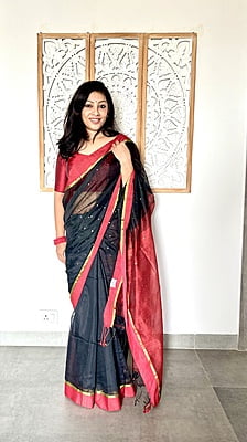 BLACK AND RED COTTON SILK SAREE WITH SEQUINS WOVEN ALL OVER