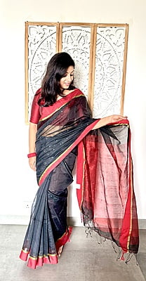 BLACK AND RED COTTON SILK SAREE WITH SEQUINS WOVEN ALL OVER
