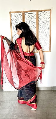 BLACK AND RED COTTON SILK SAREE WITH SEQUINS WOVEN ALL OVER