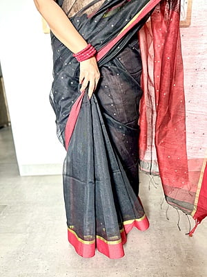 BLACK AND RED COTTON SILK SAREE WITH SEQUINS WOVEN ALL OVER