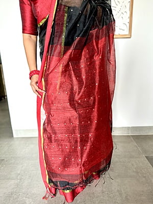 BLACK AND RED COTTON SILK SAREE WITH SEQUINS WOVEN ALL OVER