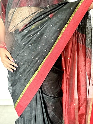 BLACK AND RED COTTON SILK SAREE WITH SEQUINS WOVEN ALL OVER