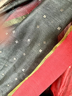 BLACK AND RED COTTON SILK SAREE WITH SEQUINS WOVEN ALL OVER