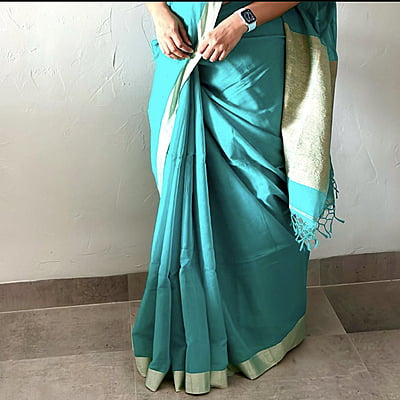 PURE HANDLOOM COTTON SAREE WITH GHICHA PALLU-TEAL GREEN PURE HANDLOOM COTTON SAREE WITH GHICHA PALLU-TEAL GREEN