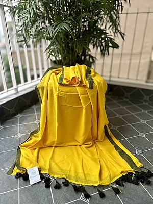 Yellow  Mulmul Saree with Black Border