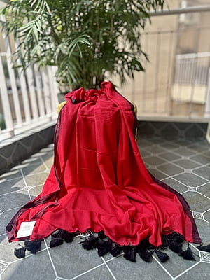 Red Mulmul Saree with Black Border