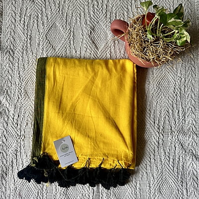 Yellow  Mulmul Saree with Black Border