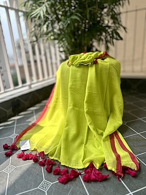Lime Green Mulmul Saree with Pink Border