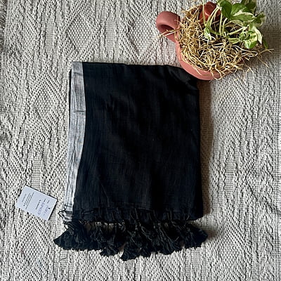 Black MulMul Saree with Grey Border Black MulMul Saree with Grey Border