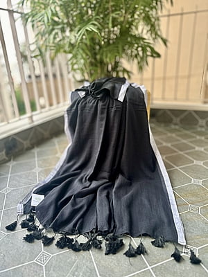 Black MulMul Saree with Grey Border