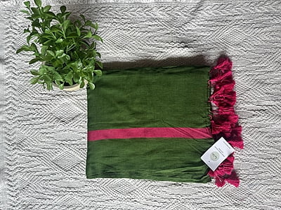 Green Mulmul Saree with Pink Border