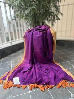 Purple MulMul Saree with Orangish Brown Border