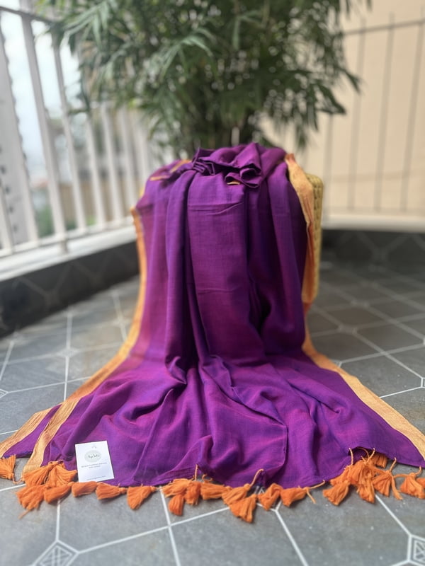 Purple MulMul Saree with Orangish Brown Border Purple MulMul Saree with Orangish Brown Border