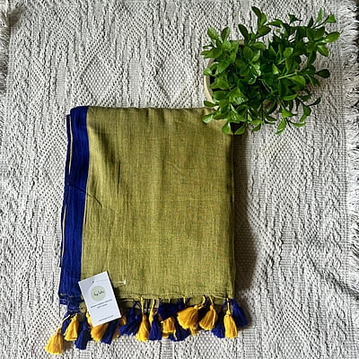 Olive Green MulMul Saree with Blue Border Olive Green MulMul Saree with Blue Border