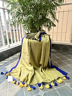 Olive Green MulMul Saree with Blue Border