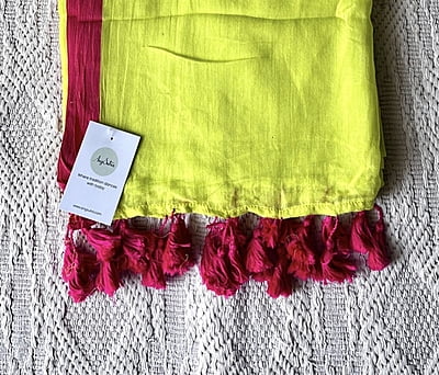Lime Green Mulmul Saree with Pink Border Lime Green Mulmul Saree with Pink Border