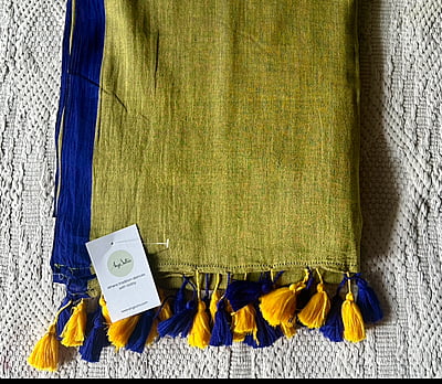 Olive Green MulMul Saree with Blue Border Olive Green MulMul Saree with Blue Border