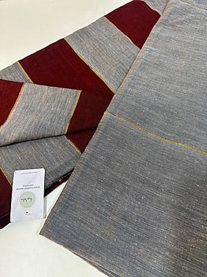 Grey Khadi Khesh Cotton Saree with Contrast Maroon Striped Pallu