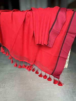 Red Mulmul Saree with Black & Maroon Border Red Mulmul Saree with Black & Maroon Border