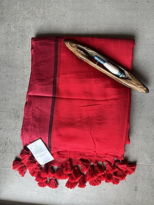 Red Mulmul Saree with Black & Maroon Border