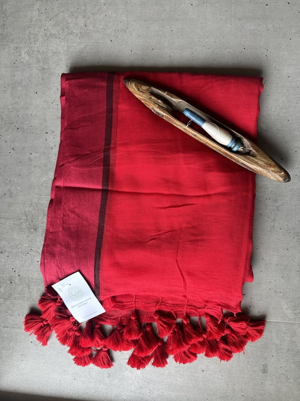 Red Mulmul Saree with Black & Maroon Border Red Mulmul Saree with Black & Maroon Border