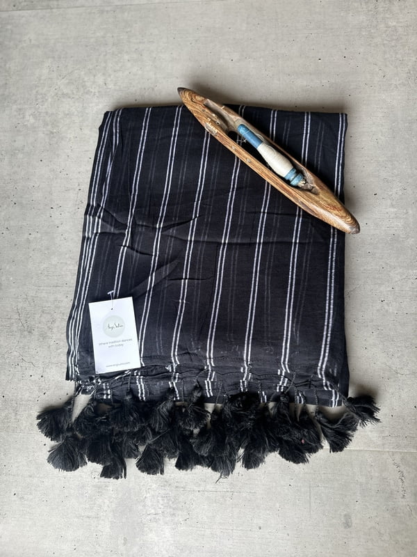 Black Mulmul Saree with Grey Lines Black Mulmul Saree with Grey Lines