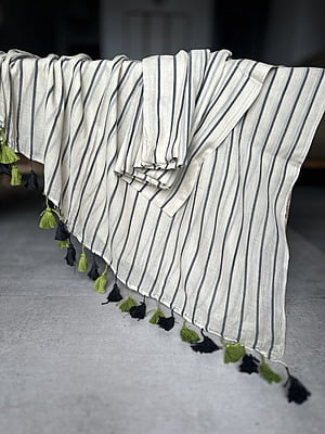 Pista Green Mulmul Cotton Saree with Contrast Black Lines