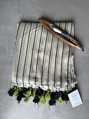 Pista Green Mulmul Cotton Saree with Contrast Black Lines
